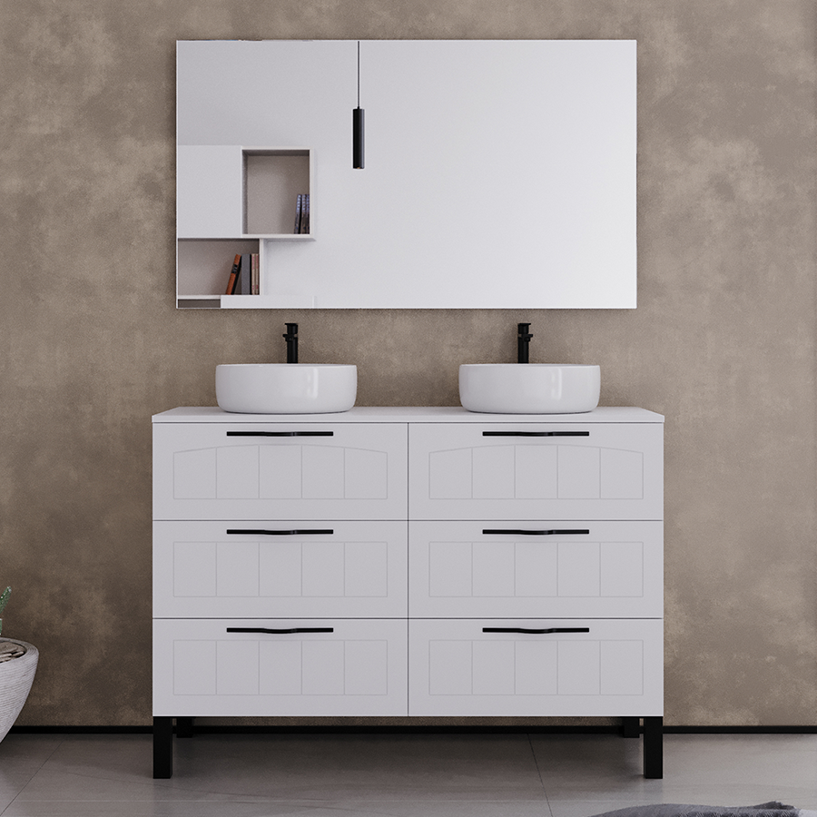 Meuble de salle de bain 120cm avec plateau et deux vasques à poser rondes - 6 tiroirs - CALA