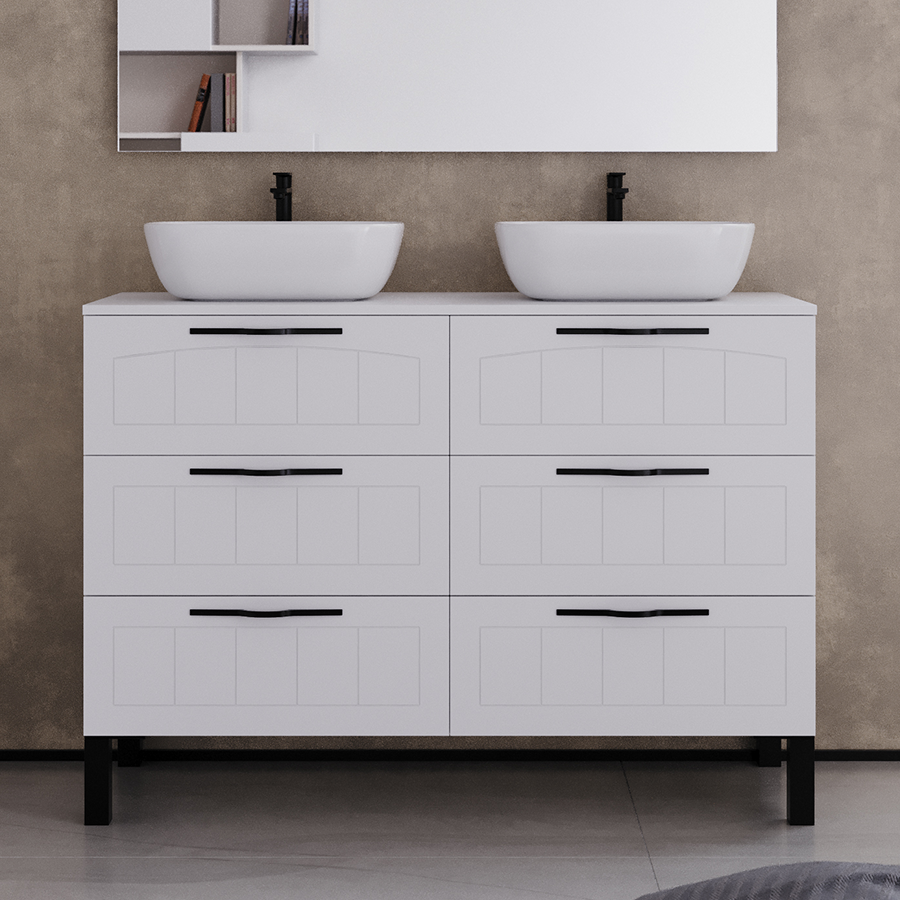 Meuble de salle de bain 120cm avec plateau et deux vasques à poser ovales - sans miroir - 6 tiroirs - CALA