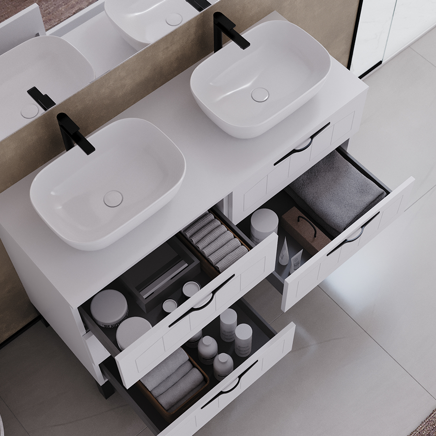 Meuble de salle de bain 120cm avec plateau et deux vasques à poser ovales - sans miroir - 6 tiroirs - CALA