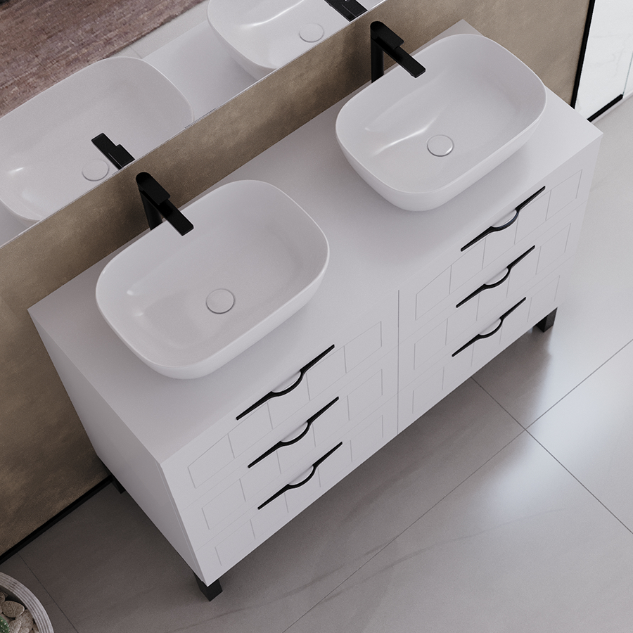 Meuble de salle de bain 120cm avec plateau et deux vasques à poser ovales - sans miroir - 6 tiroirs - CALA