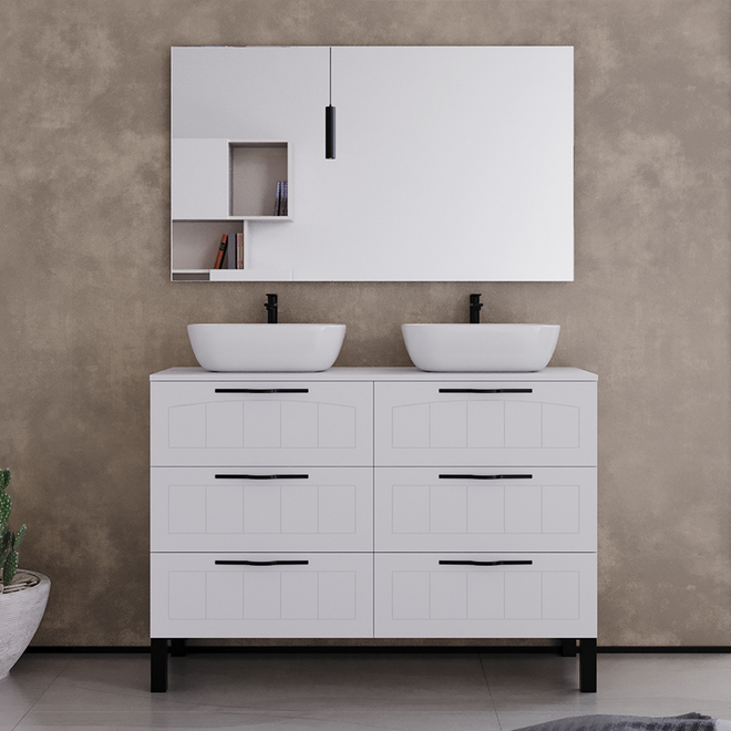 Meuble de salle de bain 120cm avec plateau et deux vasques à poser ovales - 6 tiroirs - CALA