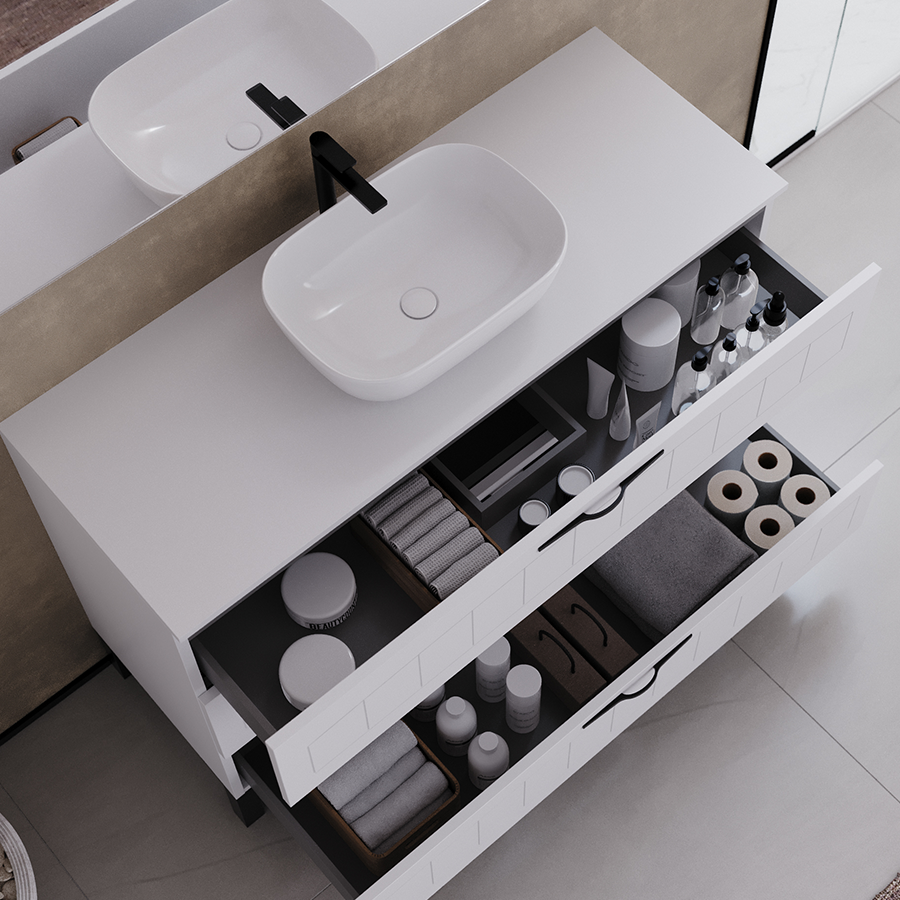 Meuble de salle de bain 120cm avec plateau et vasque à poser ovale - 3 tiroirs - CALA