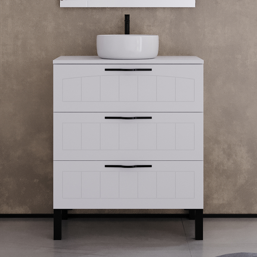Meuble de salle de bain 60cm avec plateau et vasque à poser ronde - 3 tiroirs - CALA
