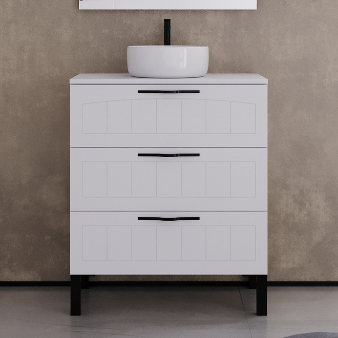 Meuble de salle de bain 60cm avec plateau et vasque à poser ronde - sans miroir - 3 tiroirs - CALA