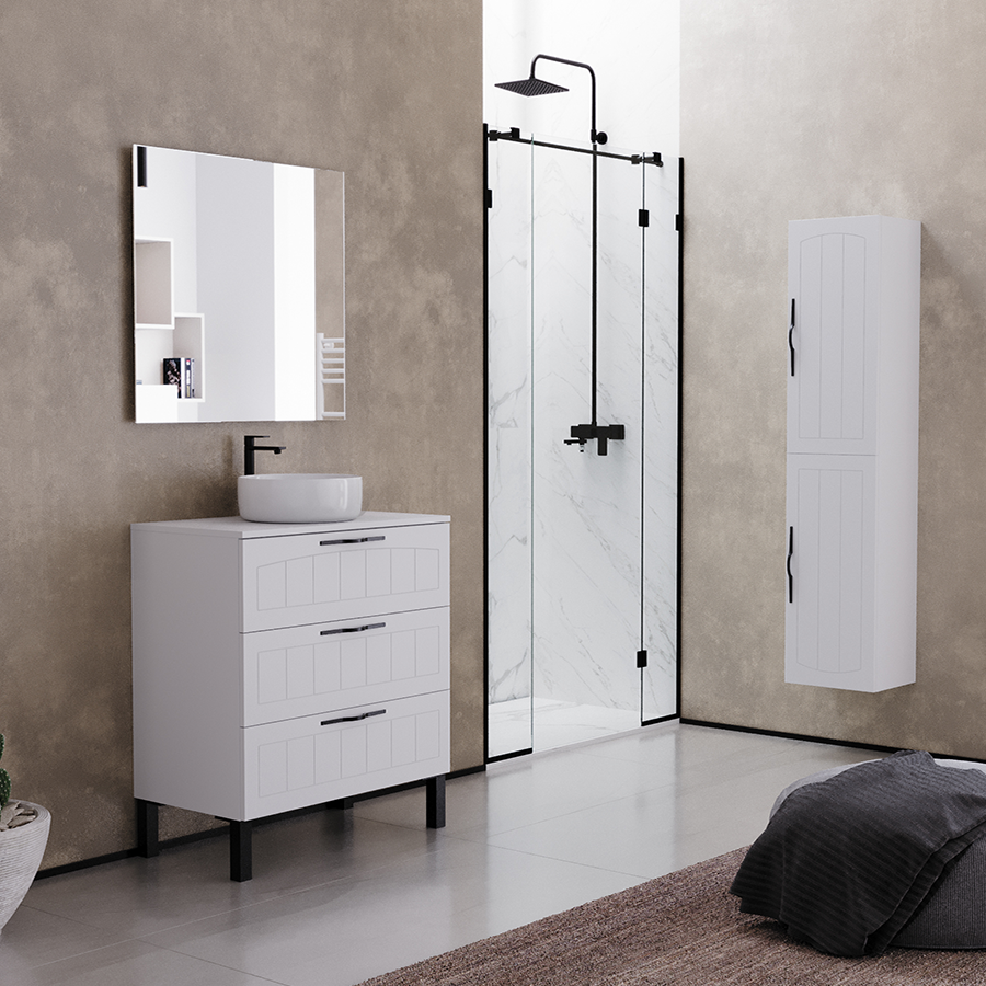 Meuble de salle de bain 60cm avec plateau et vasque à poser ronde - 3 tiroirs - CALA