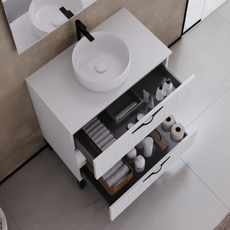 Meuble de salle de bain 60cm avec plateau et vasque à poser ronde - 3 tiroirs - CALA
