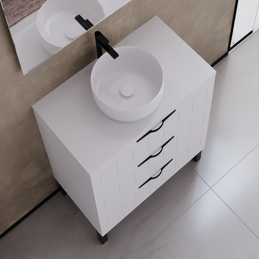 Meuble de salle de bain 60cm avec plateau et vasque à poser ronde - 3 tiroirs - CALA