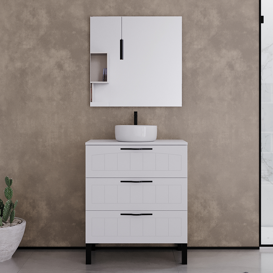 Meuble de salle de bain 60cm avec plateau et vasque à poser ronde - 3 tiroirs - CALA