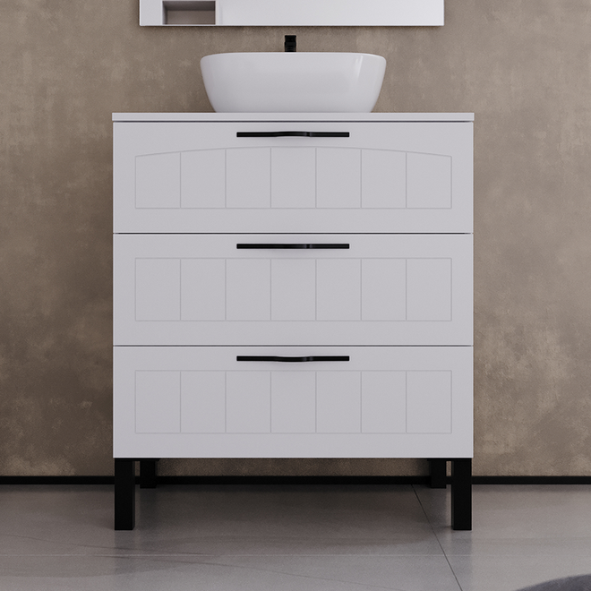 Meuble de salle de bain 60cm avec plateau et vasque à poser ovale - sans miroir - 3 tiroirs - CALA