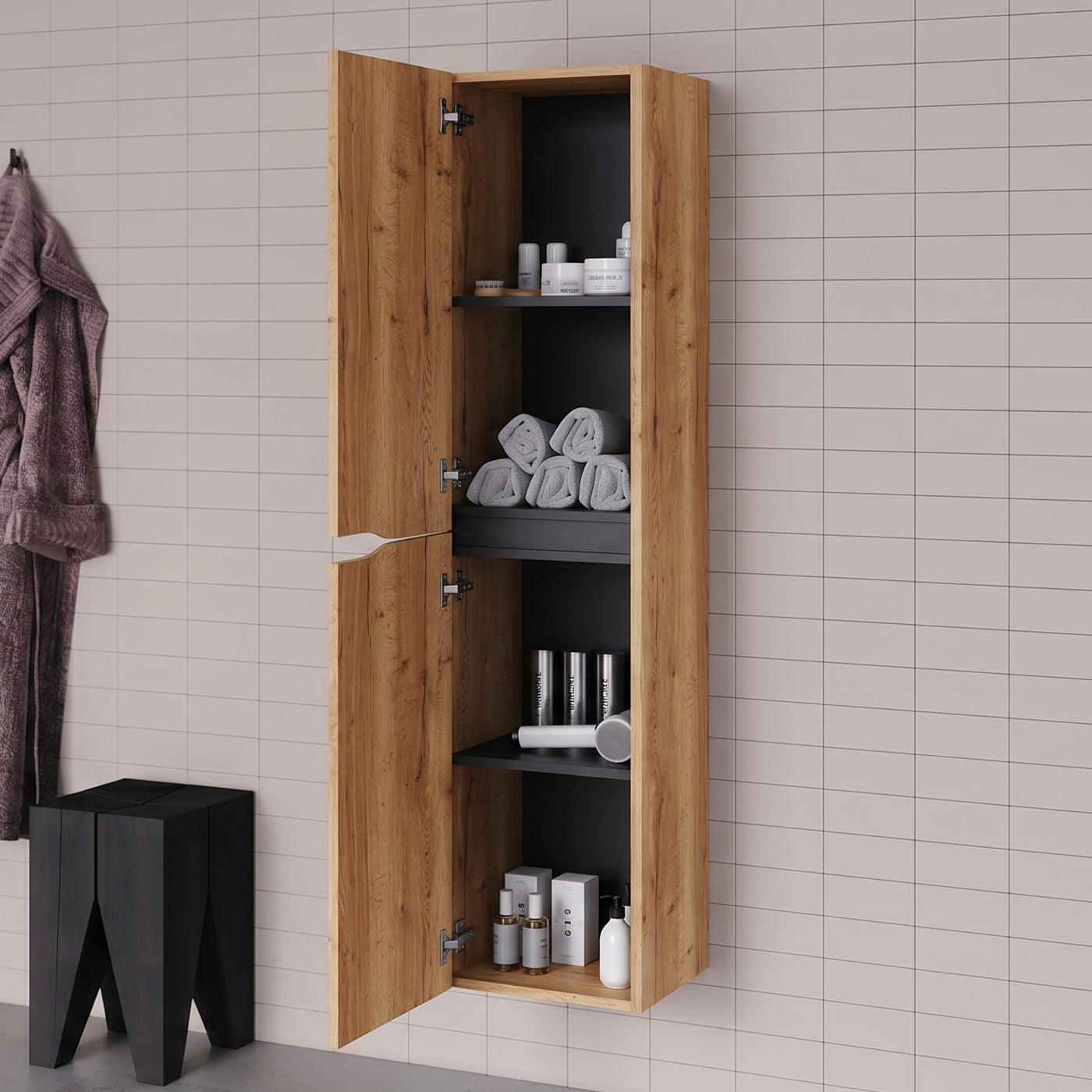 Colonne de salle de bain MATA LUNA ZARZA CADIX roble K003 porte ouverte