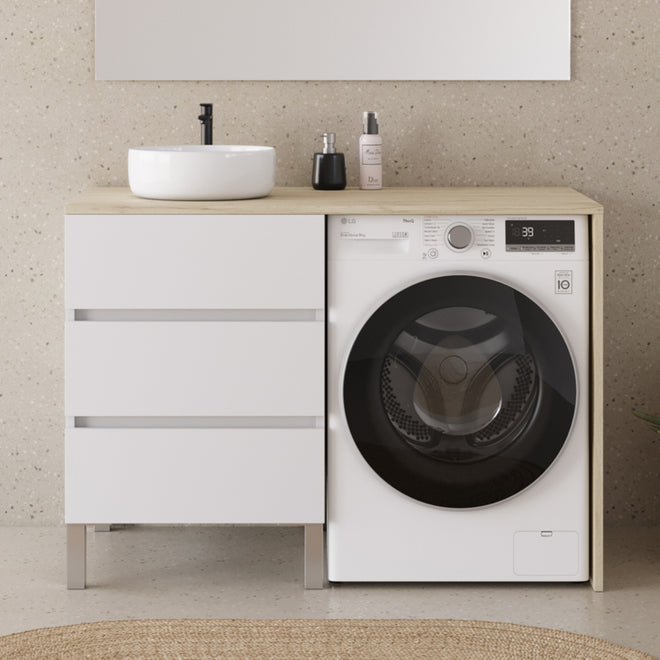 Meuble lave linge 124cm avec plateau et vasque ronde - 3 tiroirs - sans miroir - CRUZ