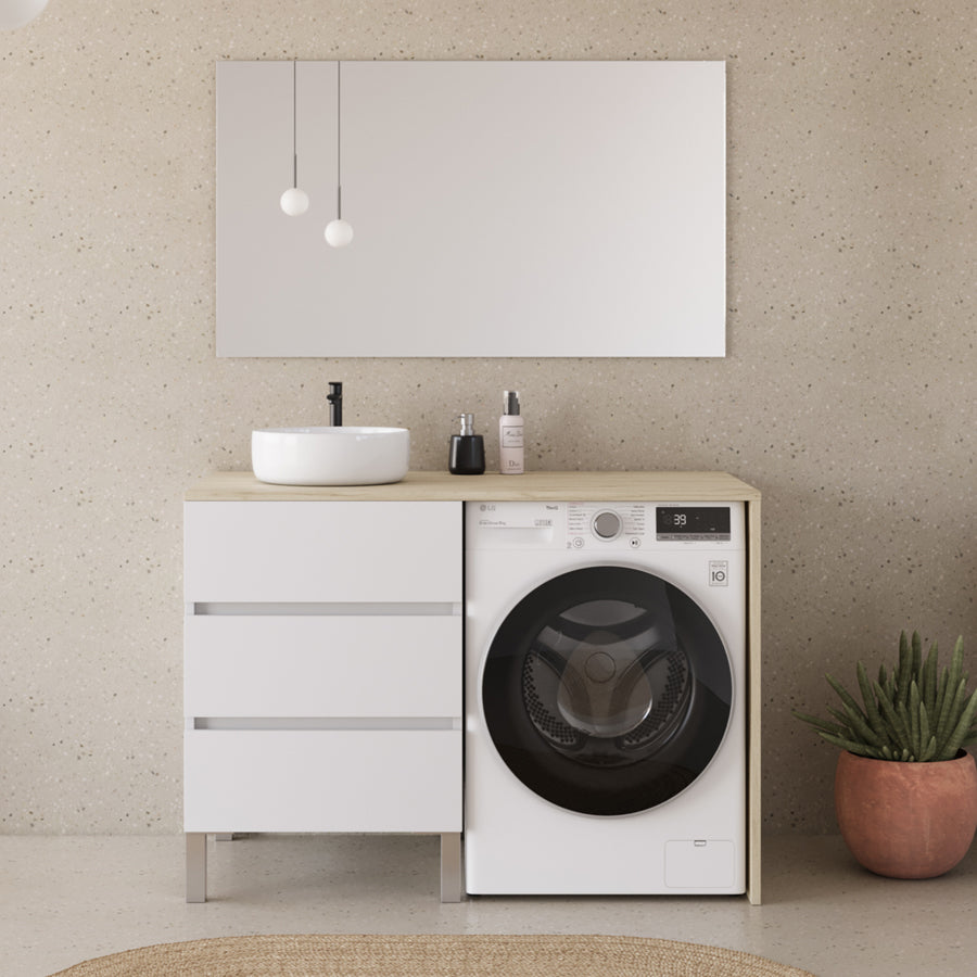 Meuble lave linge 124cm avec plateau et vasque ronde - 3 tiroirs - CRUZ