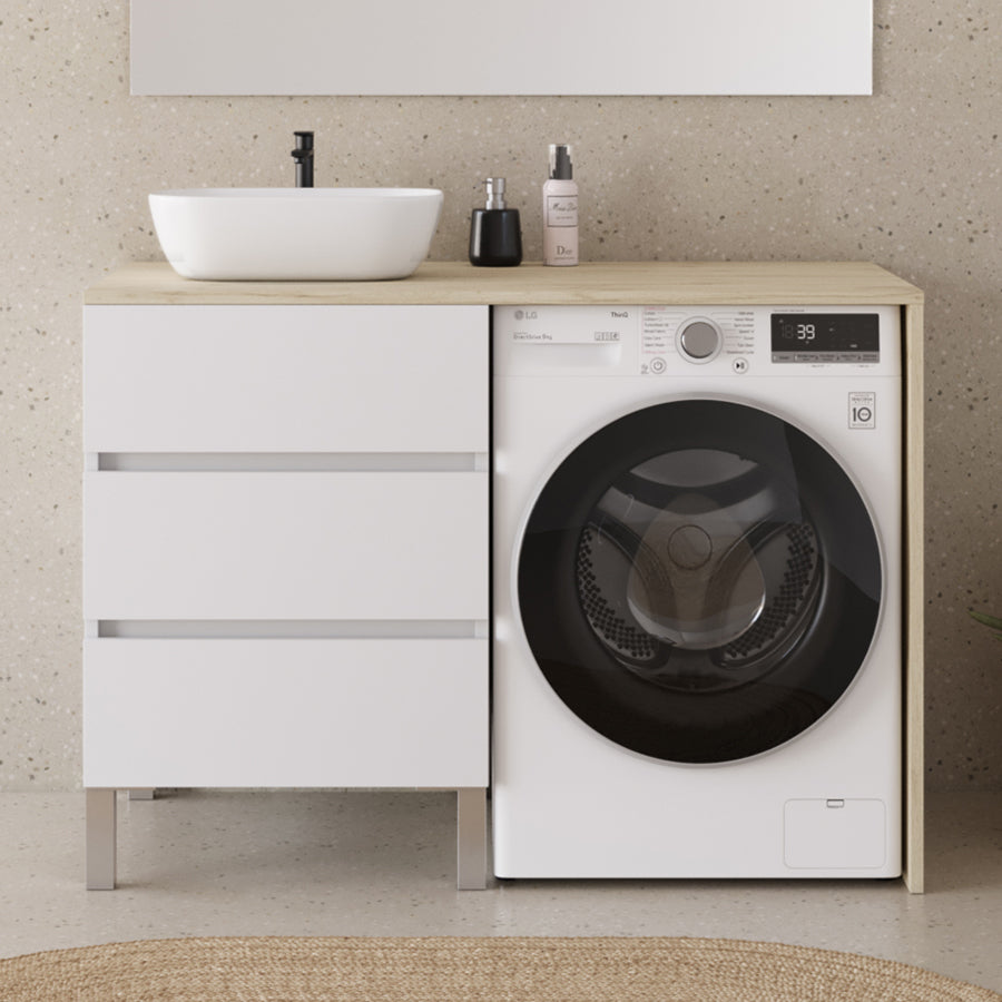 Meuble lave linge 124cm avec plateau et vasque arrondie - 3 tiroirs - sans miroir - CRUZ