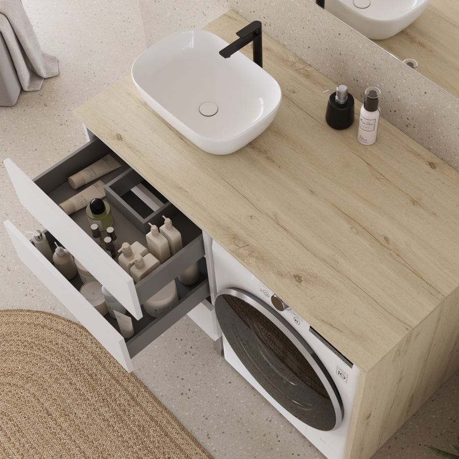 Meuble lave linge 124cm avec plateau et vasque arrondie - 3 tiroirs - sans miroir - CRUZ