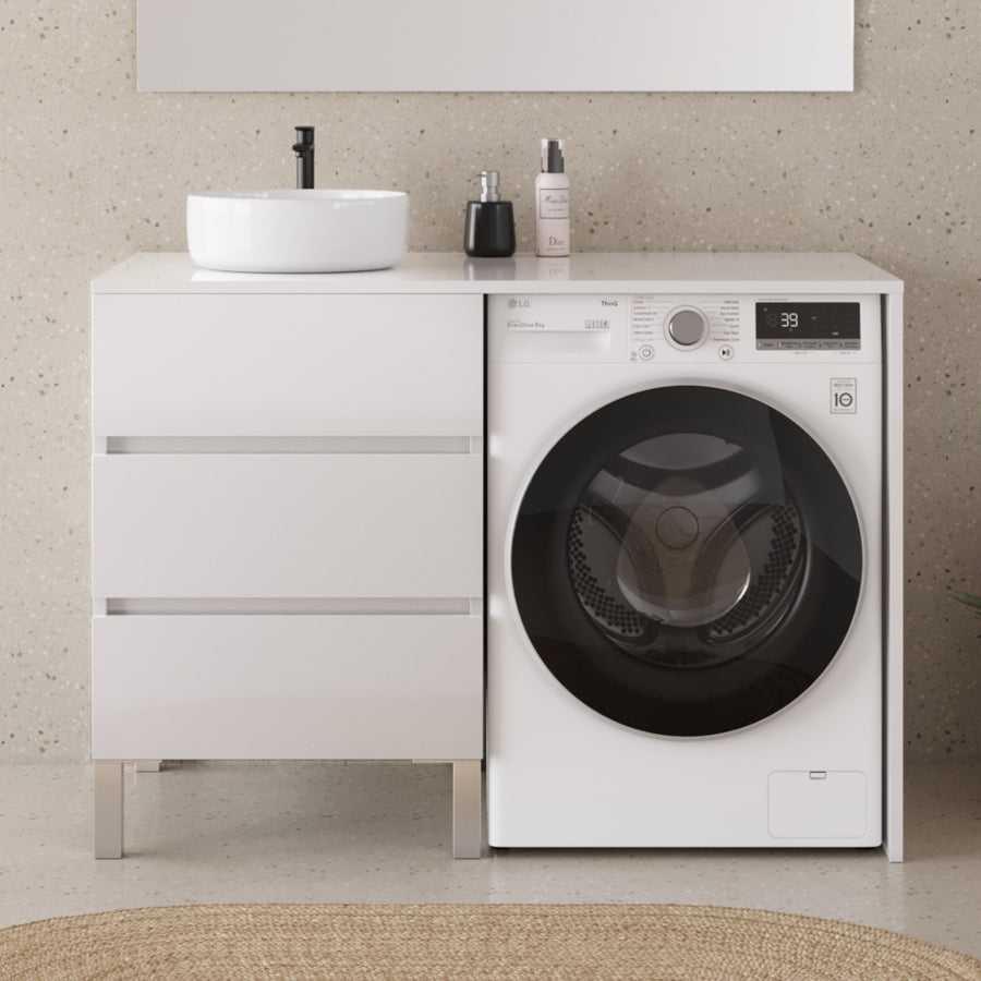 Meuble lave linge 124cm avec plateau et vasque ronde - 3 tiroirs - CRUZ