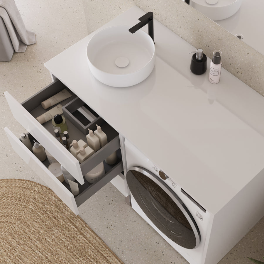 Meuble lave linge 124cm avec plateau et vasque ronde - 3 tiroirs - CRUZ
