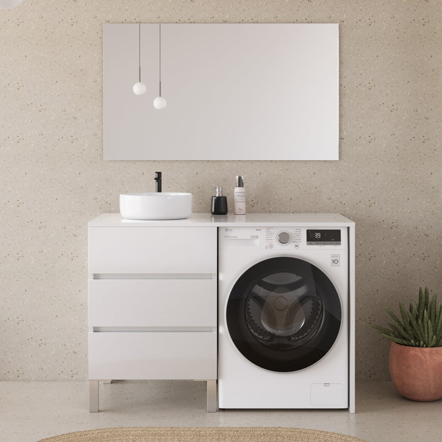 Meuble lave linge 124cm avec plateau et vasque ronde - 3 tiroirs - CRUZ