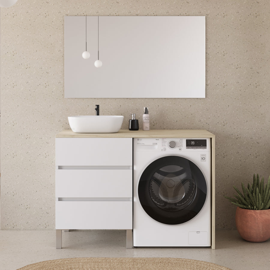 Meuble lave linge 124cm avec plateau et vasque arrondie - 3 tiroirs - sans miroir - CRUZ