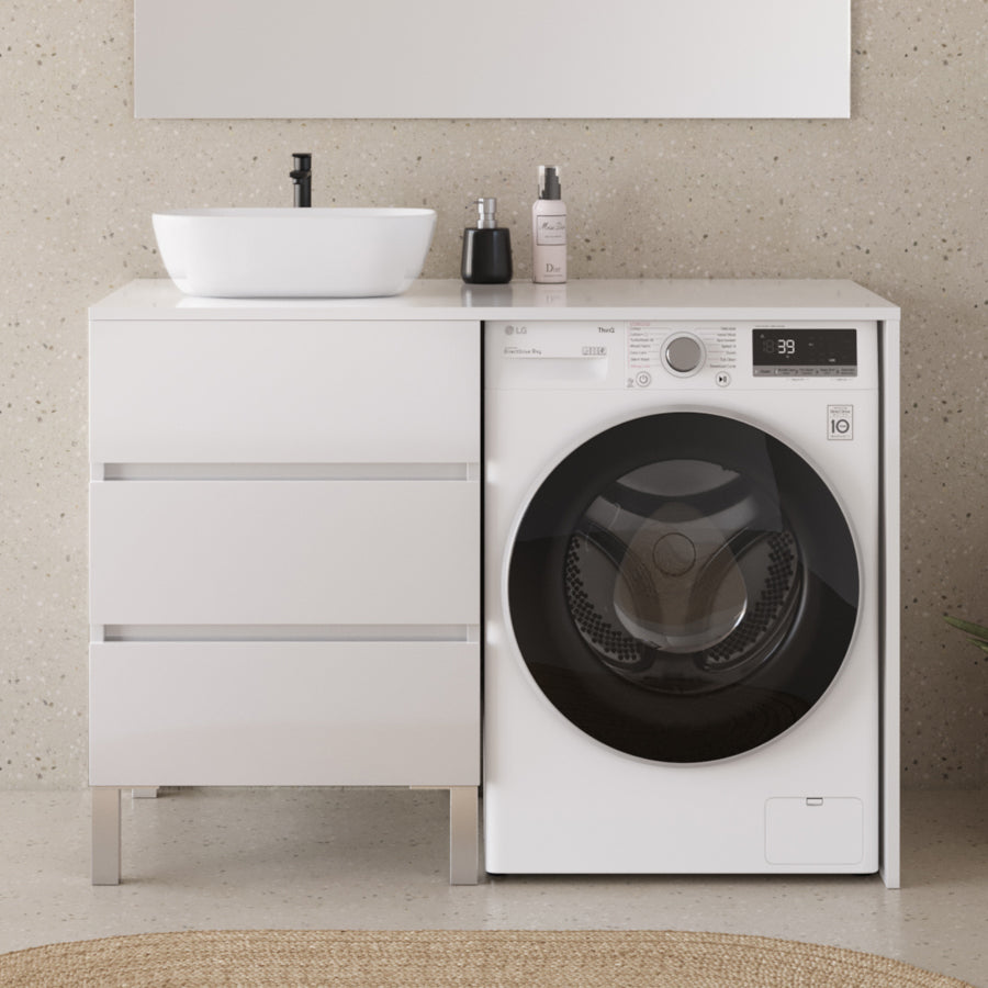 Meuble lave linge 124cm avec plateau et vasque arrondie - 3 tiroirs - sans miroir - CRUZ