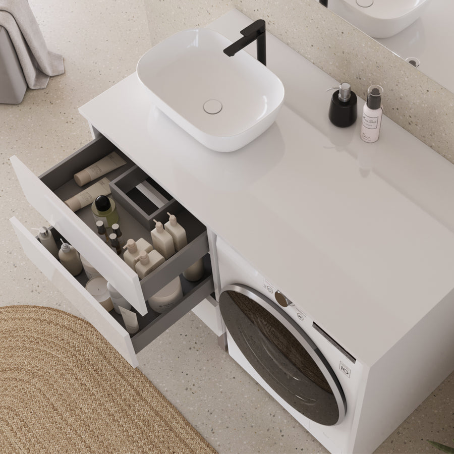 Meuble lave linge 124cm avec plateau et vasque arrondie - 3 tiroirs - sans miroir - CRUZ