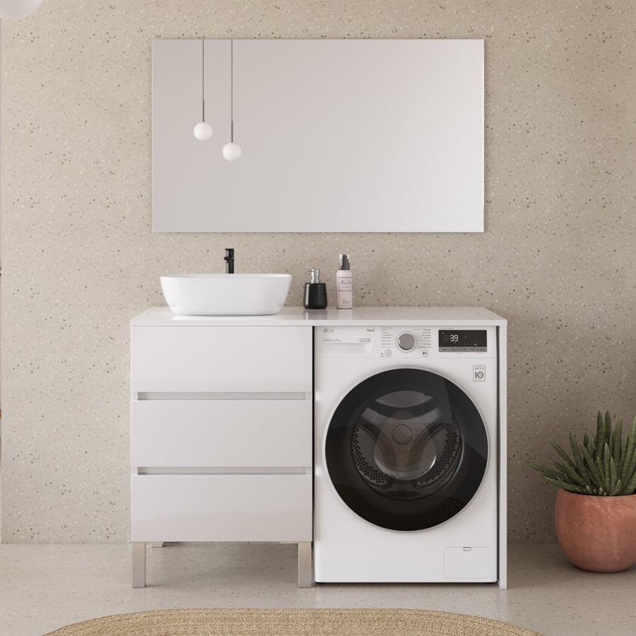 Meuble lave linge 124cm avec plateau et vasque arrondie - 3 tiroirs - sans miroir - CRUZ