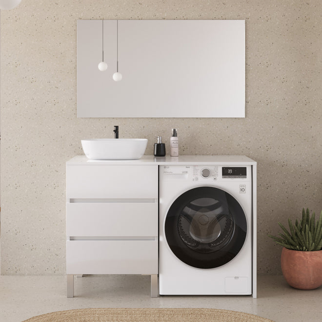 Meuble lave linge 124cm avec plateau et vasque arrondie - 3 tiroirs - CRUZ