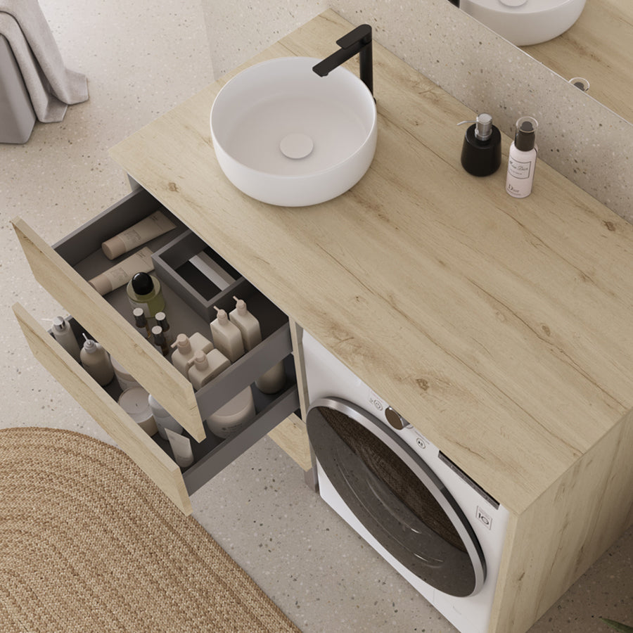 Meuble lave linge 124cm avec plateau et vasque ronde - 3 tiroirs - CRUZ