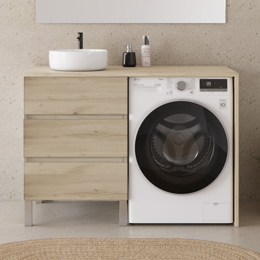 Meuble lave linge 124cm avec plateau et vasque ronde - 3 tiroirs - CRUZ