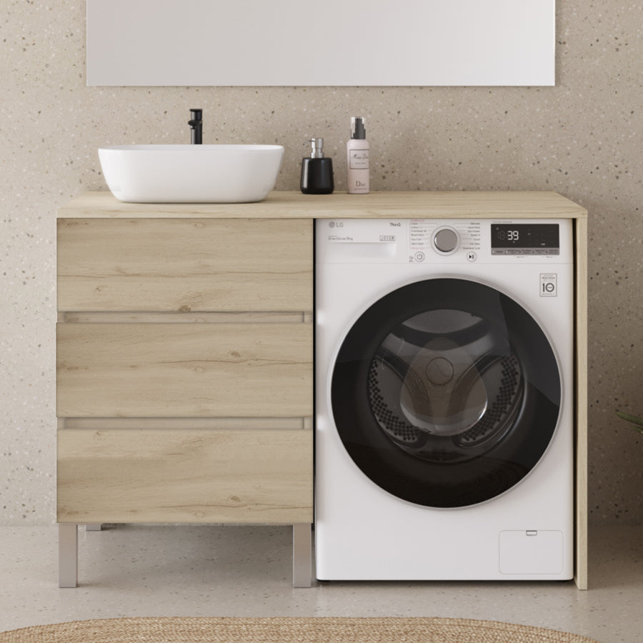 Meuble lave linge 124cm avec plateau et vasque arrondie - 3 tiroirs - sans miroir - CRUZ