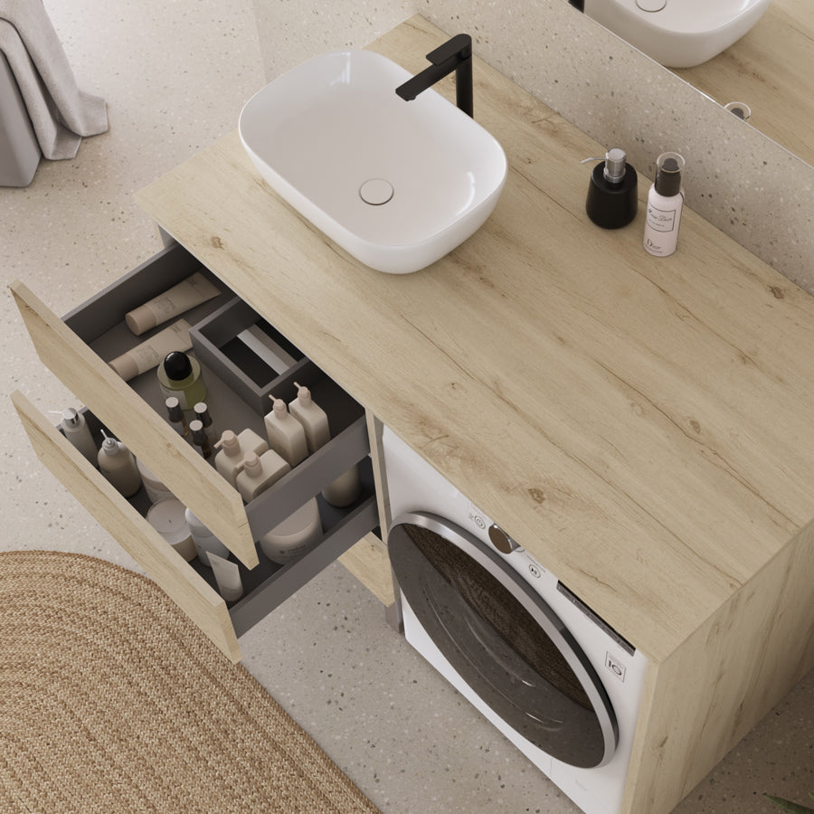 Meuble lave linge 124cm avec plateau et vasque arrondie - 3 tiroirs - sans miroir - CRUZ