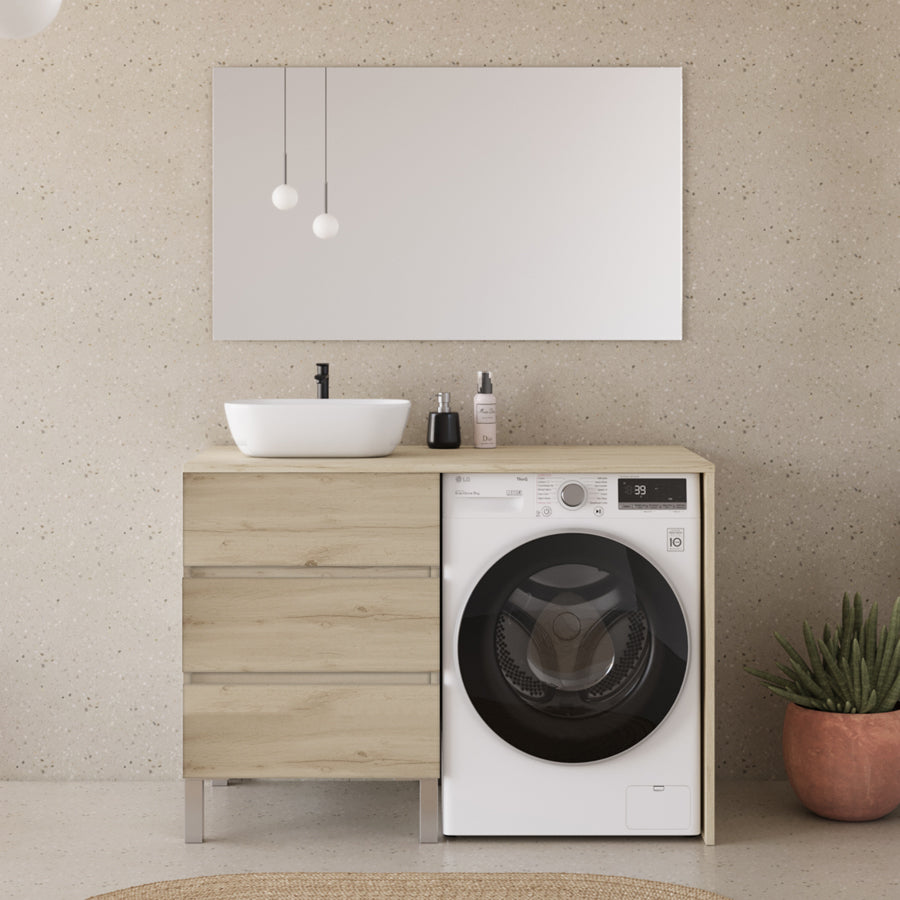 Meuble lave linge 124cm avec plateau et vasque arrondie - 3 tiroirs - sans miroir - CRUZ