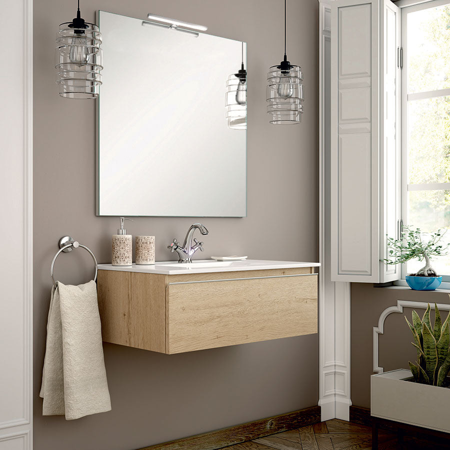 Meuble de salle de bain PENA 80 cm bambou avec vasque avec miroir et applique