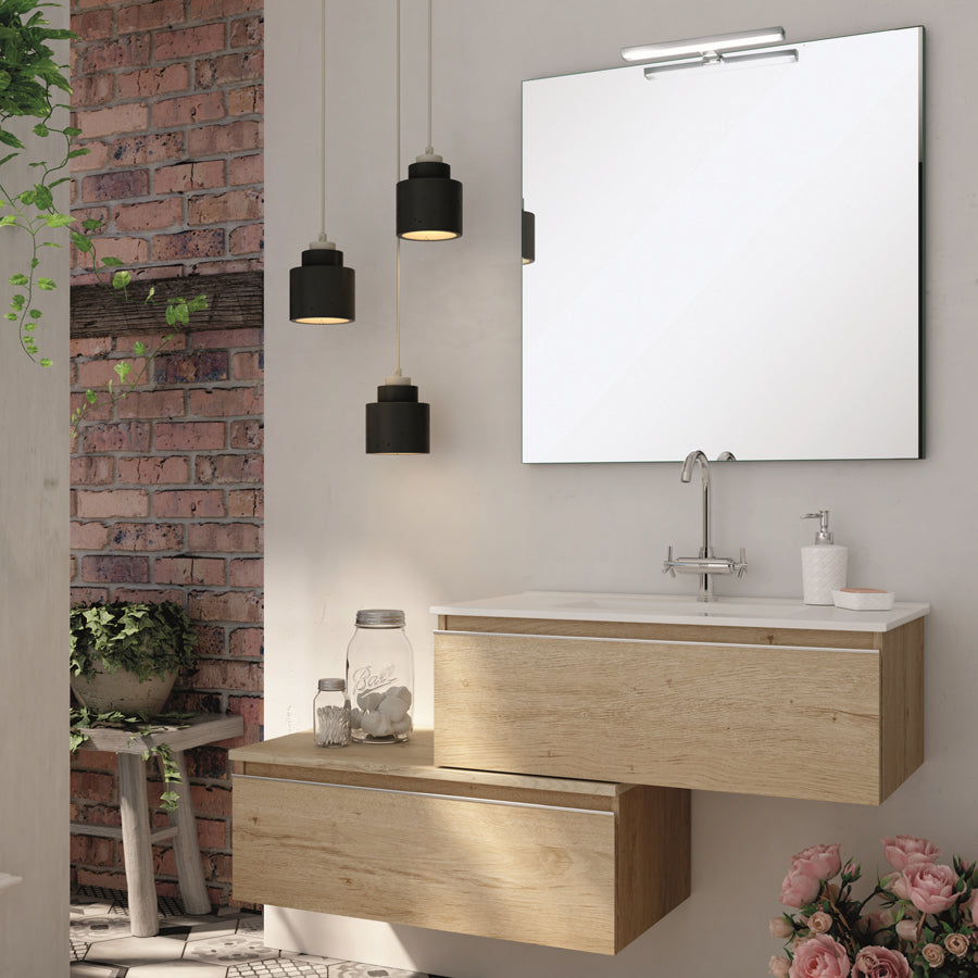Plan meuble de salle de bain Pena bambou avec mirior et applique
