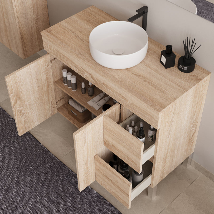 Meuble de salle de bain 90cm sur pieds avec plateau et une cuve à poser ronde - sans miroir - portes et tiroirs - HARO