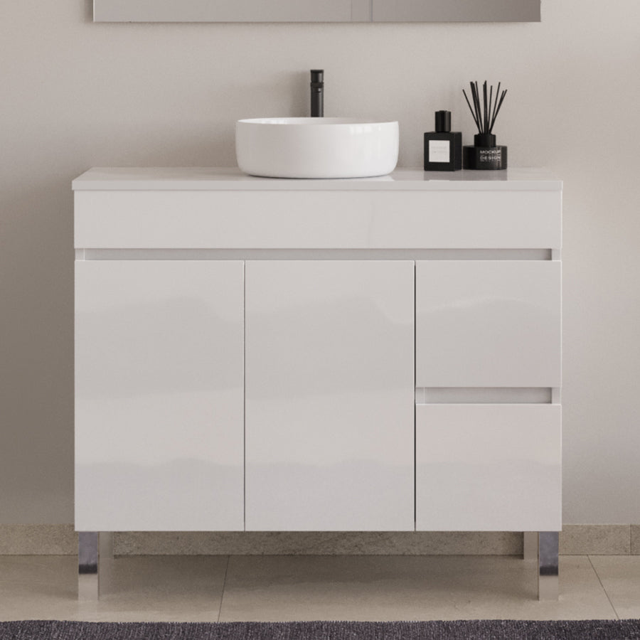 Meuble de salle de bain 90cm sur pieds avec plateau et une cuve à poser ronde - sans miroir - portes et tiroirs - HARO
