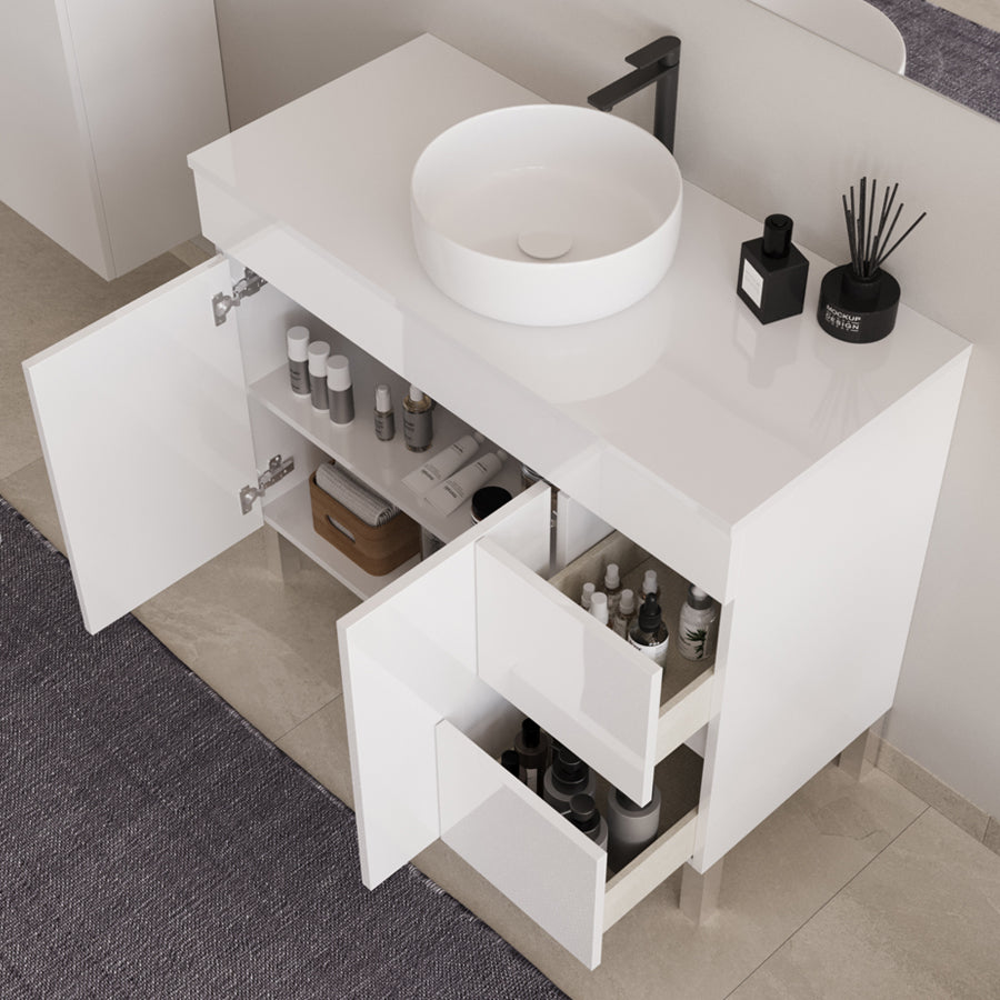 Meuble de salle de bain 90cm sur pieds avec plateau et une cuve à poser ronde - sans miroir - portes et tiroirs - HARO