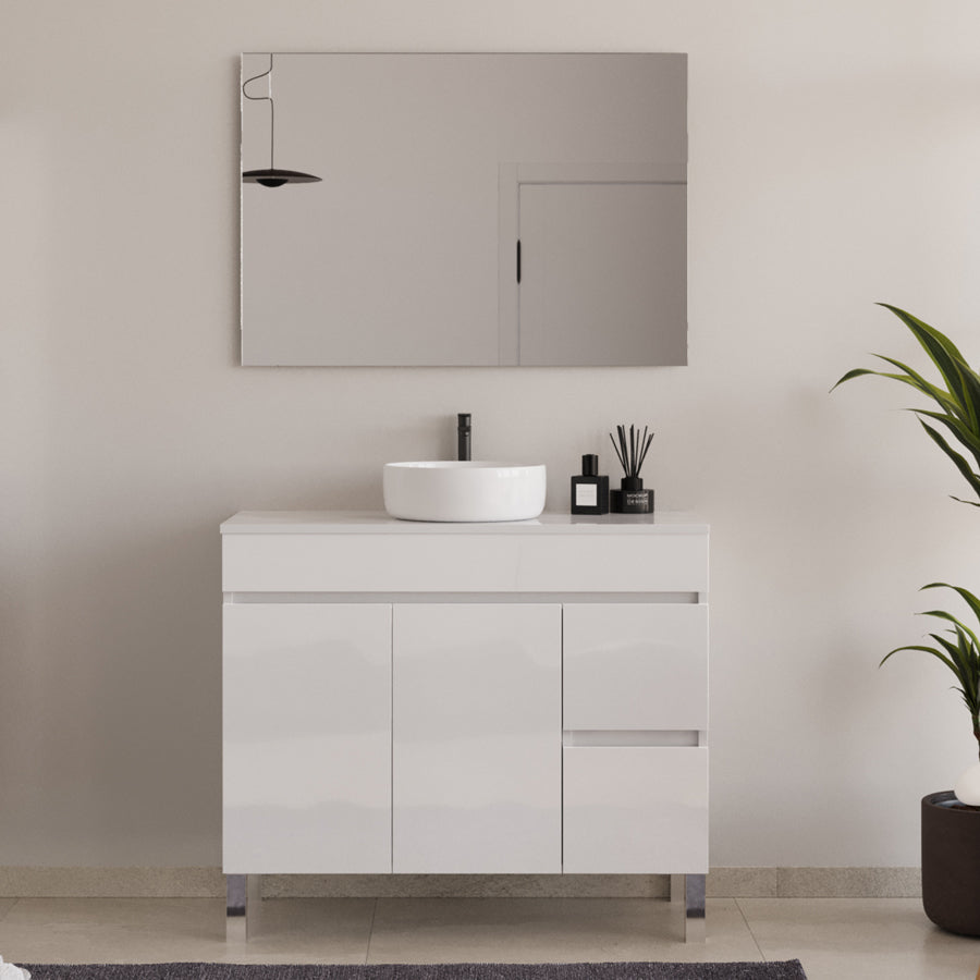 Meuble de salle de bain 90cm sur pieds avec plateau et une cuve à poser ronde - sans miroir - portes et tiroirs - HARO