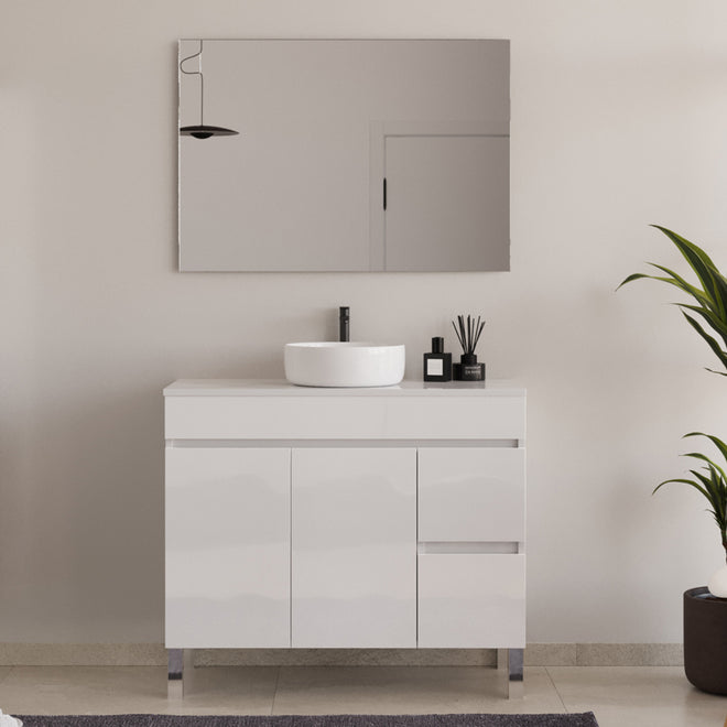 Meuble de salle de bain 100cm sur pieds avec plateau et une cuve à poser ronde - portes et tiroirs - HARO