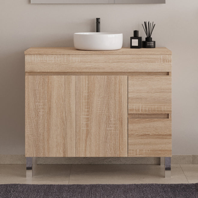 Meuble de salle de bain 100cm sur pieds avec plateau et une cuve à poser ronde - sans miroir - portes et tiroirs - HARO
