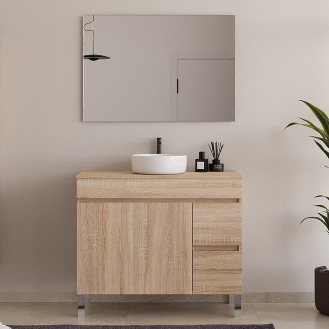 Meuble de salle de bain 90cm sur pieds avec plateau et une cuve à poser ronde - portes et tiroirs - HARO