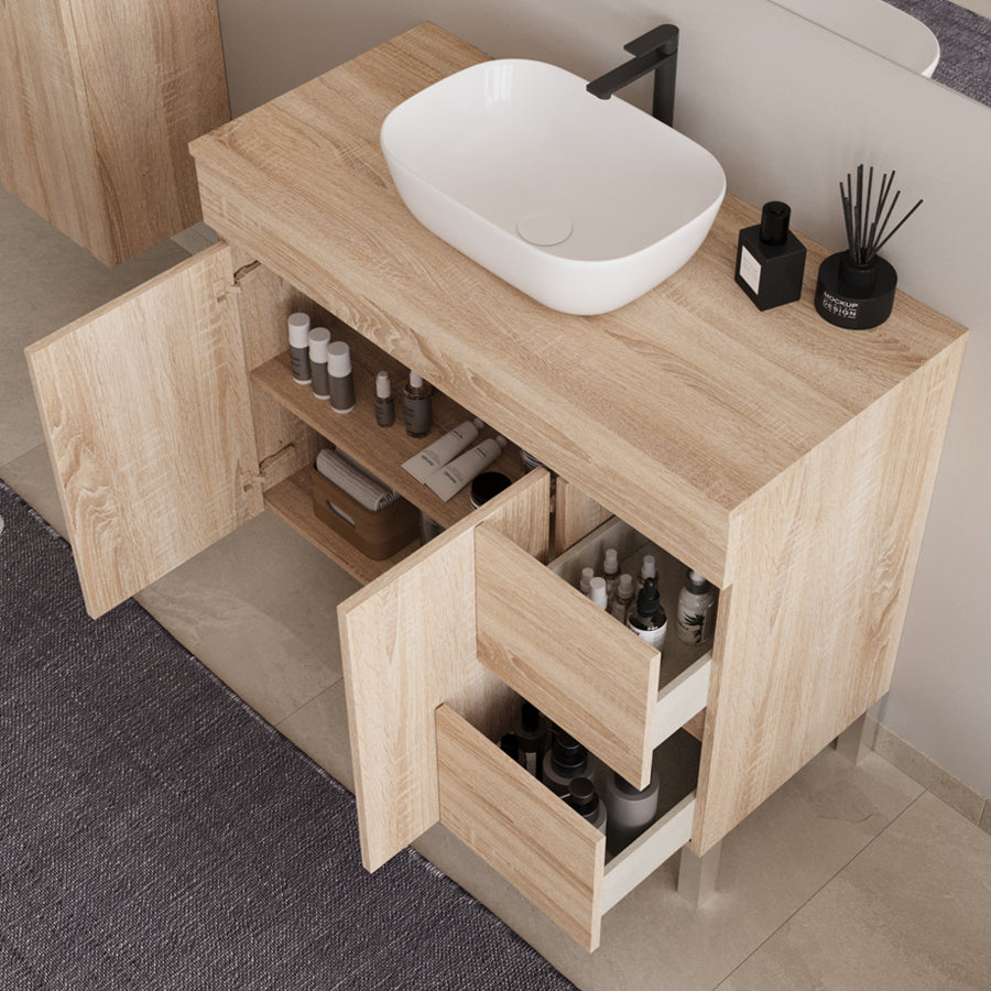 Meuble de salle de bain 90cm sur pieds avec plateau et une cuve à poser arrondie - sans miroir - portes et tiroirs - HARO