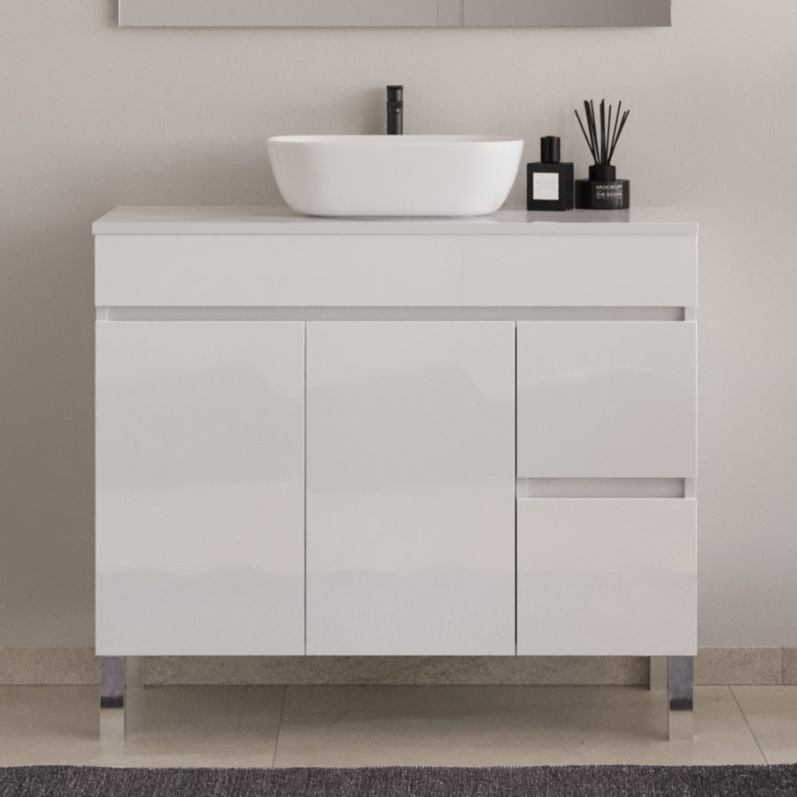 Meuble de salle de bain 90cm sur pieds avec plateau et une cuve à poser arrondie - sans miroir - portes et tiroirs - HARO