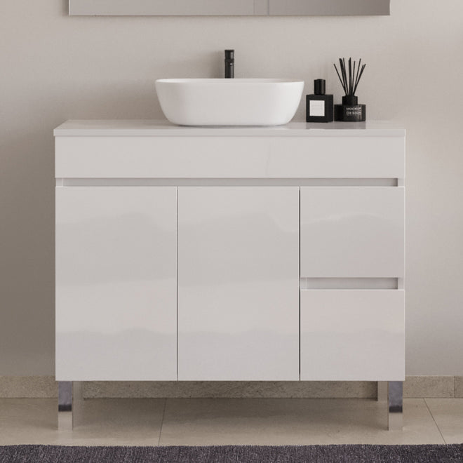Meuble de salle de bain 100cm sur pieds avec plateau et une cuve à poser arrondie - sans miroir - portes et tiroirs - HARO