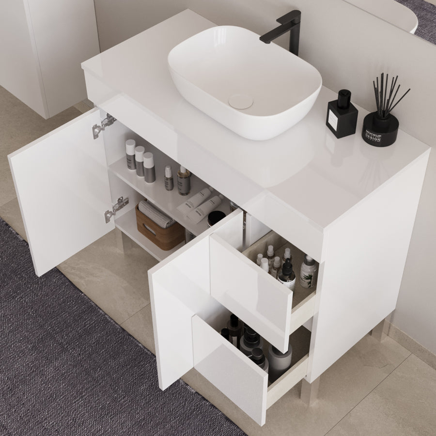 Meuble de salle de bain 90cm sur pieds avec plateau et une cuve à poser arrondie - sans miroir - portes et tiroirs - HARO