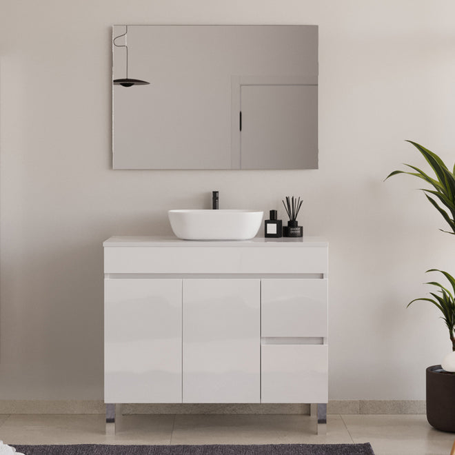 Meuble de salle de bain 90cm sur pieds avec plateau et une cuve à poser arrondie - portes et tiroirs - HARO