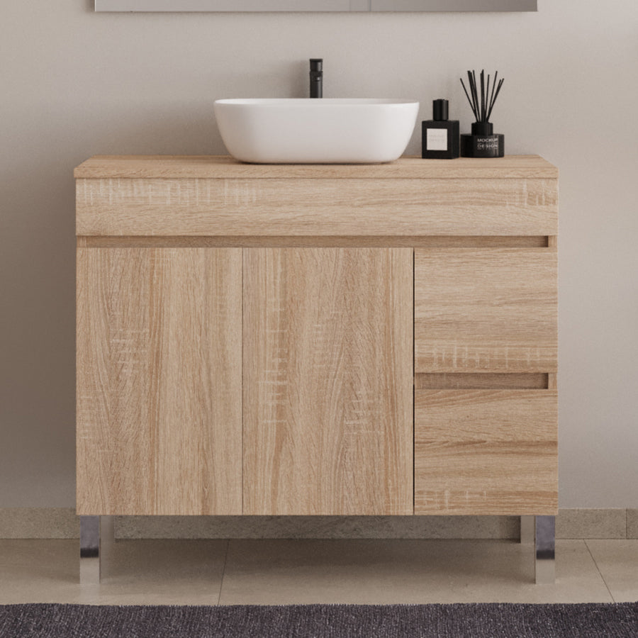 Meuble de salle de bain 90cm sur pieds avec plateau et une cuve à poser arrondie - sans miroir - portes et tiroirs - HARO