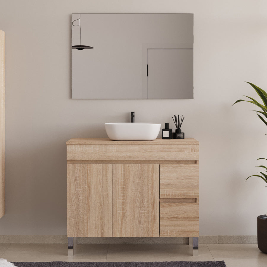 Meuble de salle de bain 90cm sur pieds avec plateau et une cuve à poser arrondie - sans miroir - portes et tiroirs - HARO