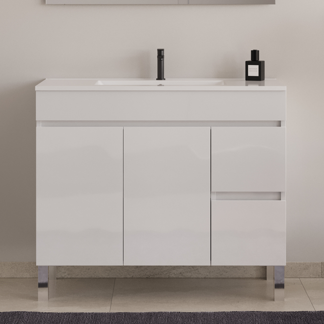 Meuble de salle de bain 100cm simple vasque - sans miroir - sur pieds avec porte et tiroirs  - HARO