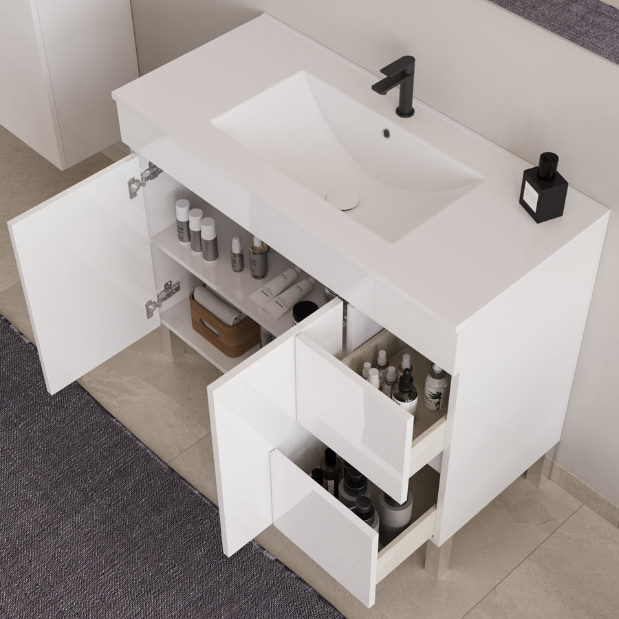 Meuble de salle de bain 100cm simple vasque sur pieds avec portes et tiroirs - HARO