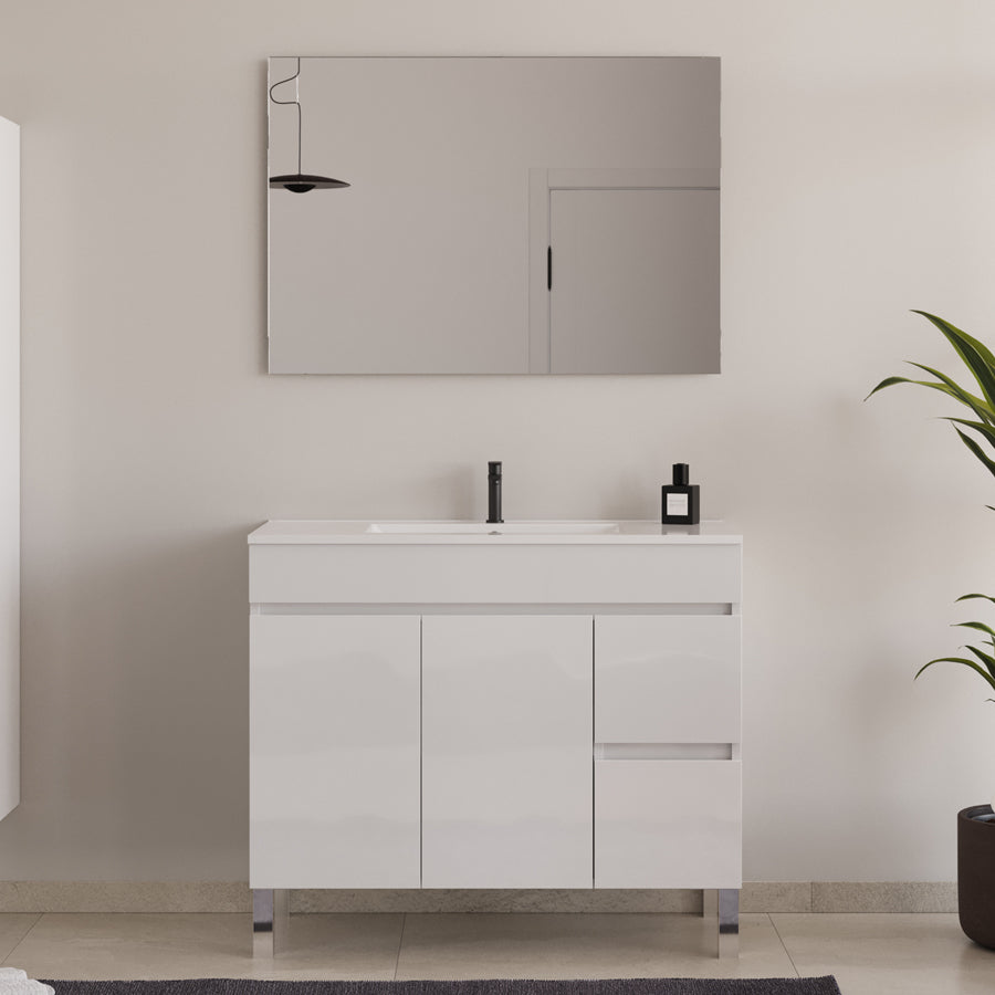 Meuble de salle de bain 100cm simple vasque sur pieds avec portes et tiroirs - HARO